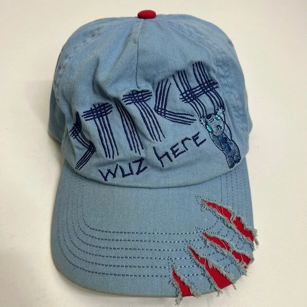 Disney Parks Stitch Wuz Here Youth Blue Distressed Baseball Cap Hat Adjustable